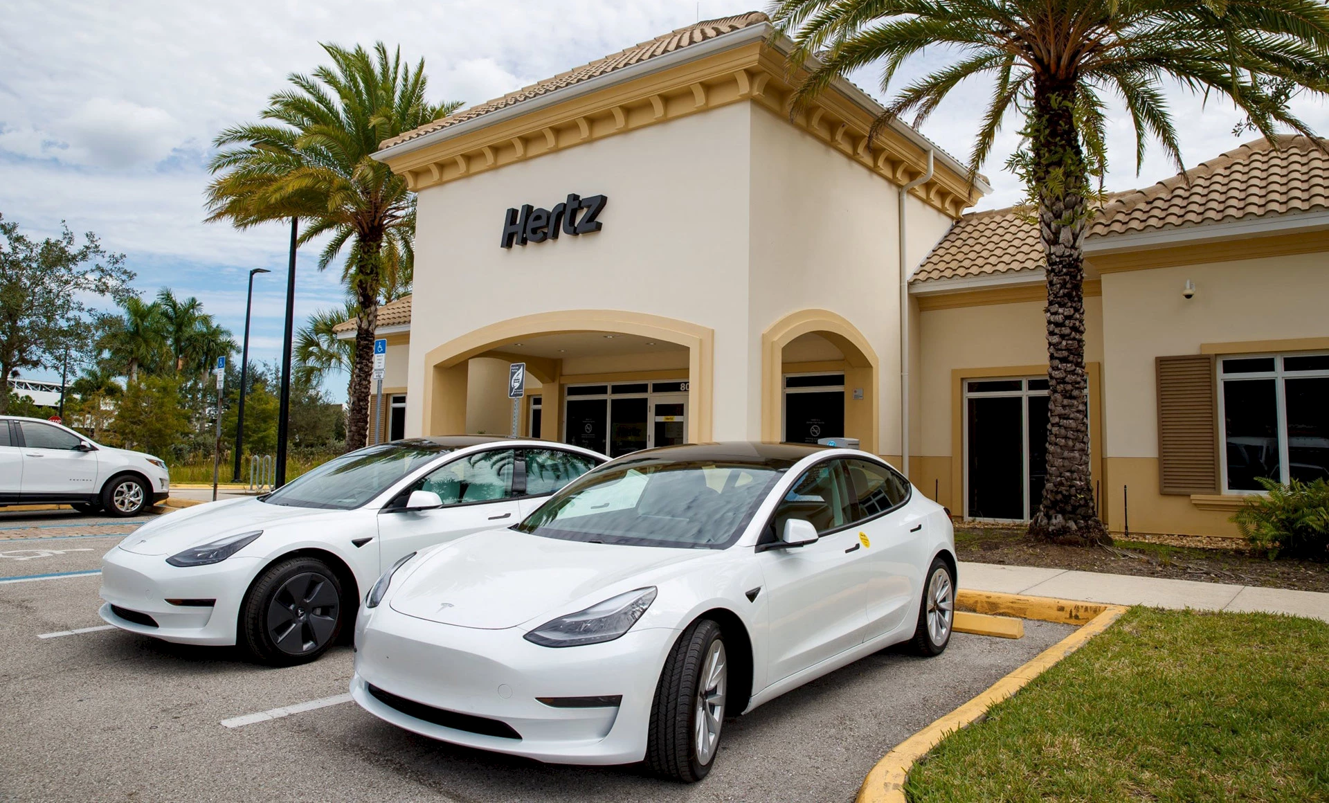 Tesla cars in front of a Hertz location.