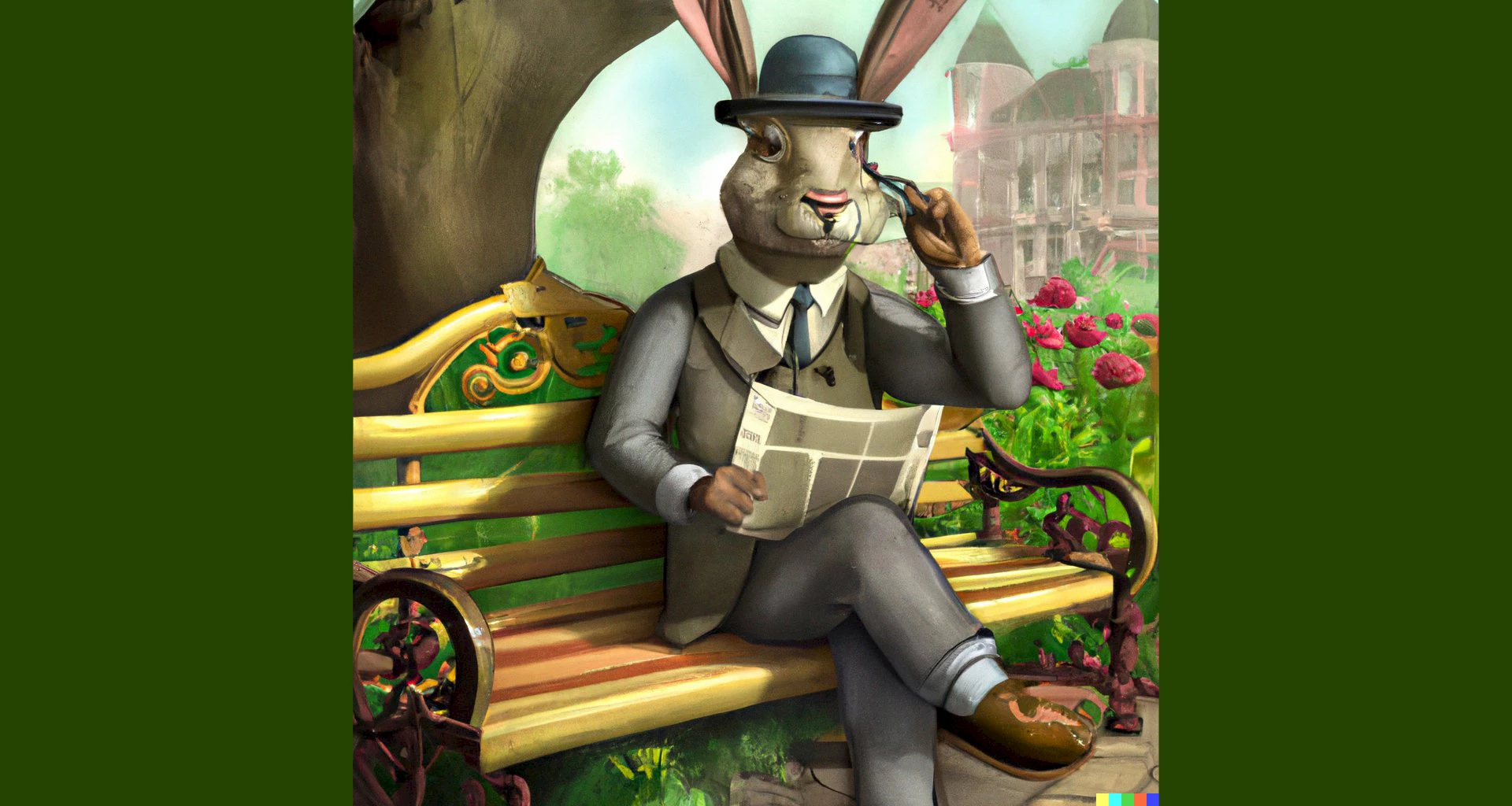 A rabbit detective sitting on a park bench and reading a newspaper in a victorian setting.